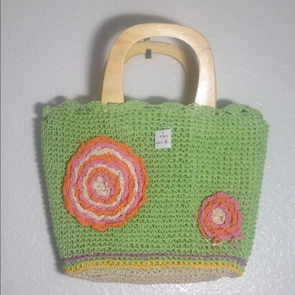 FINAL MARKDOWN Ladies' Lined Crocheted Plastic & Wood Tote